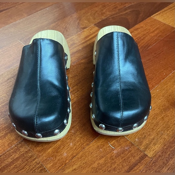 NWOT  NEW ZARA WOMEN WOODEN STUDDED BLACK LEATHER CLOGS MULE SLIPPERS SIZE 37 - Picture 6 of 16